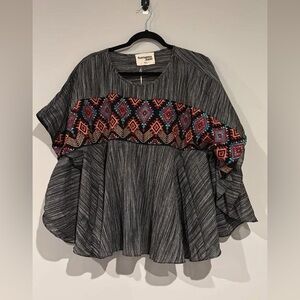 Savanna Jane gray striped top with embroidered aztec band nwt